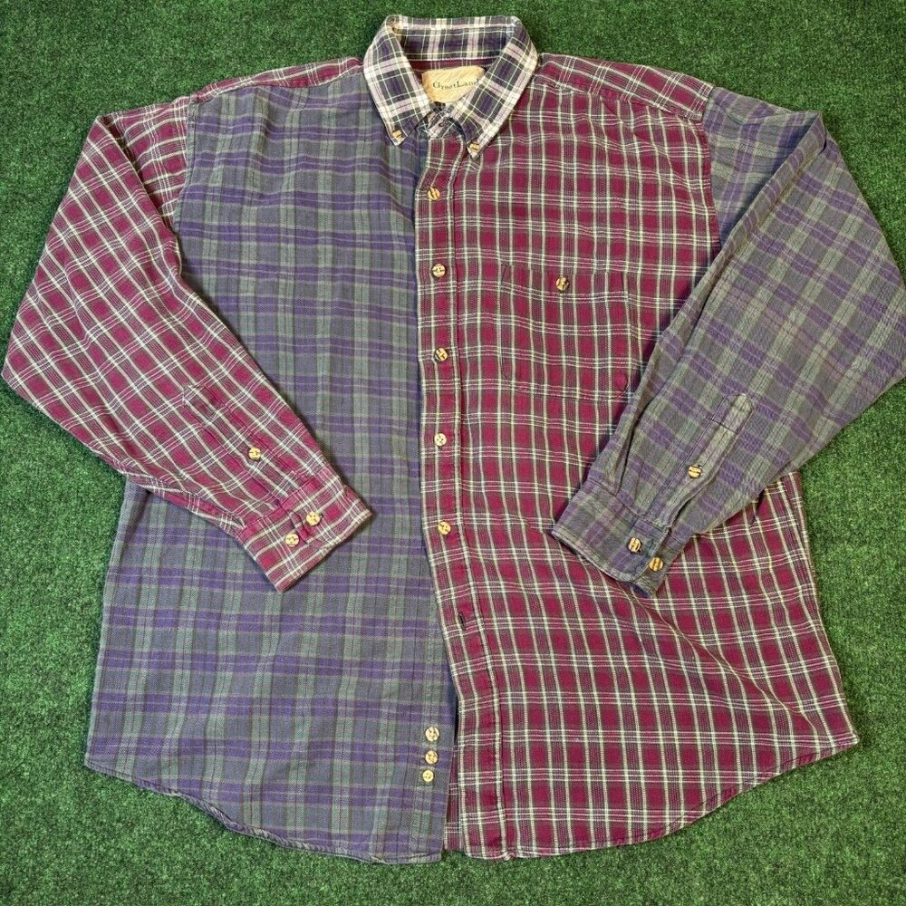 GREAT LAND Men’s Vintage Split Plaid Button Up Size Large 100% Cotton